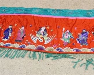 1288	LARGE ASIAN SILK EMBROIDERED TAPESTRY, APPROXIMATELY 37 1/2 IN X 109 1/2 IN NOT INCLUDING FRINGE
