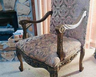 French style carved wood tapestry arm chair