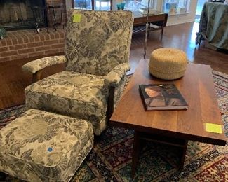 upholstered vintage rocker and footstool and cool home-made wood table