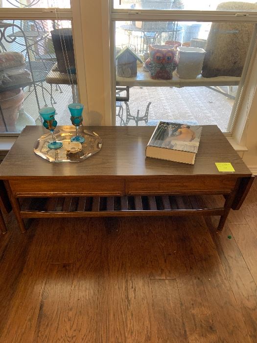 1958 coffee table, 2 drawers, drop leaf, formica top