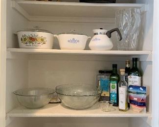 dishes, mixing bowls, pantry items