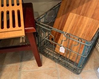 vintage metal crate and wood cutting boards