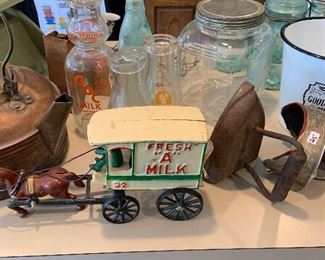 milk bottles, iron milk wagon
