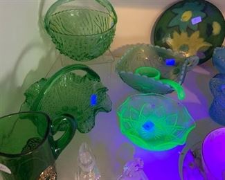 vintage glassware including a couple vaseline glass pieces