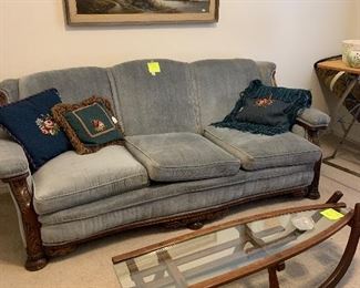 antique carved wood sofa, 19th century sleigh table