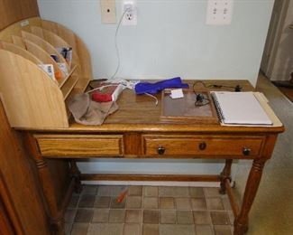 Nice wooden mail and bill organizer, and solid small work desk too