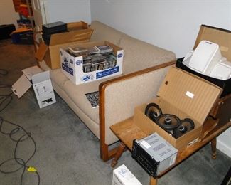 Audio speakers, for a car, for a home, or outside the home as well. Small couch and table are also for sale
