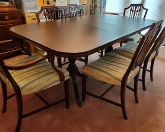 Antique dining table with 6 chairs and table cover protector.  Two additional leaves can be added for 8-10 top. Possibly a Damon Phyfe or style of.