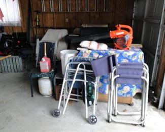 Walkers, folding chairs and blower