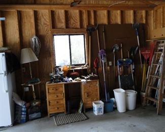 Lots of lawn and garden items, project lamp and refrigerator