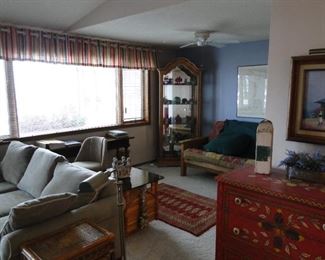 Chairs, dressers, ottoman, tables, lamps, china cabinet, futon artwork