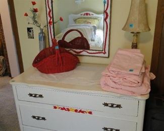 Dresser and mirror, free lamp, and wicker basket too