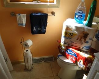 Lots of cleaning supplies and brand new toilet paper as well.  Shower curtain is all for sale