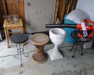 Metal and wicker and cane flower pots and stands, new echo blower