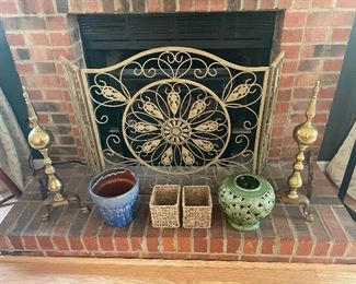 Fireplace andirons and fireplace screen 