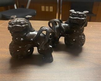 Pair carved wood foo dogs