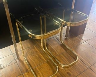 Pair modern brass & glass snack tables
