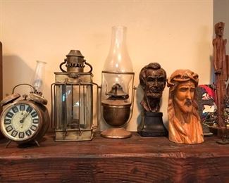 oil lamps, clocks, carvings