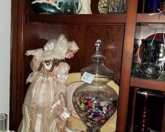 Various Decorative Items, Huge Jar Full of Vintage Buttons