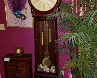 Small Bamboo/ Wood Shelf Unit, Grandfather Clock, Framed Mardis Gras Mask Art, Fake Palm