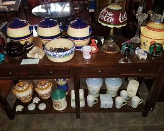 Very Nice Hardwood Wall Table, Several Pfaltzgraff Patters /Pieces, Coca-cola Table Lamp