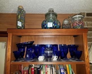 Several Jars of Old Marbles, Cobalt Blue Glassware, Books