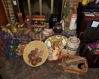 Baskets, Vinage Crocks & Churn, Lots of Mardis Gras Beads