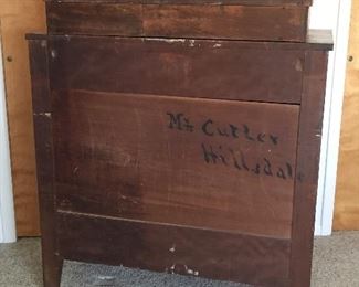 Back of Empire dresser showing it was most likely delivered to a Mr. Cutler of Hillsdale. 