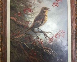 A well-marked bird perches among crimson berries in this original signed oil painting by a German artist. 