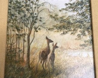 A doe and her fawn gaze into a field in this original oil painting by an Ohio artist. 