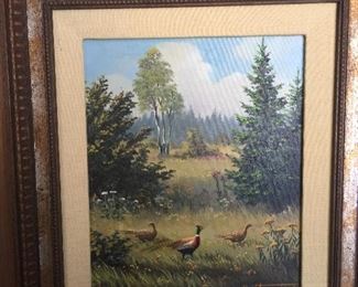 Pheasants scamper in this vibrant painting by R. Hirschel. 