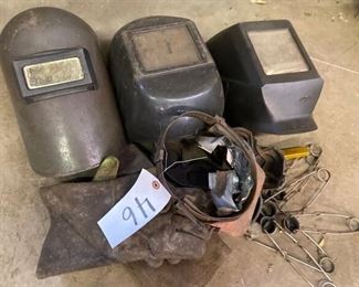 LOT OF WELDING HELMENTS, GLOVES, ETC.