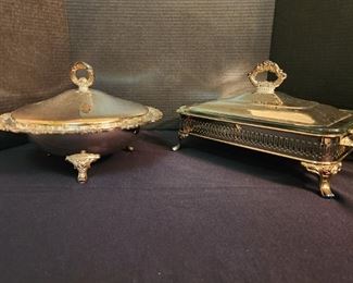 Silverplate service pieces with Pyrex inserts