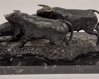  L. MORENO BRONZE ON MARBLE SCULPTURE OF BULLS. CHIP ON CORNER OF MARBLE