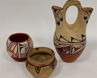 MARY T. MADALENA JEMEZ PUEBLO 6" TALL MARRIAGE VASE, AND WHEEL THROWN UNSIGNED POT