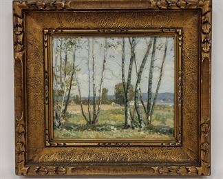  OLD LANDSCAPE PAINTING ON CANVAS BOARD OF BIRCH TREES. 9 X 7 3/4" IMAGE