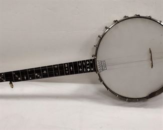 JAS. A. MORRISON FIVE STRING BANJO. INLAID AND CARVED MOP NECK. PAT'D 1892. MISSING ONE STRING AND THREE INLAID PIECES