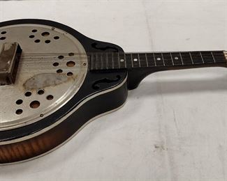 MANDOLIN WITH RESONATOR. 26". NOTE SURFACE RUST ON RESONATOR. PARTIAL SPLIT ON BACK NOT EFFECTING TONE QUALITY