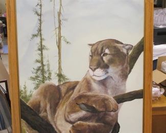  JAMES EICHELBERGER (1936 - 2008) PAINTING ON MASONITE PANEL OF MOUNTAIN LION. 24 X 48" - 1979
