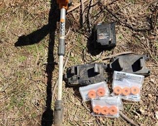 WORKS TRIMMER WITH BATTERY, CHARGER, WALL MOUNT and SPOOLS