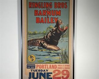 RINGLING BROS AND BARNUM & BAILEY POSTER | Bill Bailey Ringling circus poster, showing two hippos in a pond: "RINGLING BROS AND BARNUM & BAILEY / The Greatest Show on Earth / Portand / Tuesday June 29; sheet 49-1/2 x 28 in.
Dimensions: w. 23-1/2 x h. 54 in (frame)