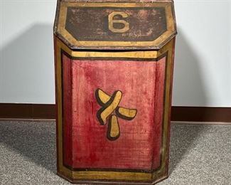 VINTAGE TOLE PAINTED BOX | Great as a hamper or other storage… Red painted with gold and the number six
Dimensions: l. 19 x w. 18 x h. 27.5 in