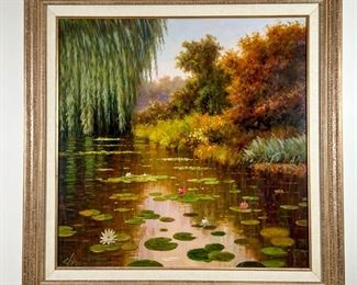 CHAMI OIL PAINTING | Original painting, oil on canvas, landscape showing water lilies in an autumn scene, signed lower left "Chami", in a carved gilt frame, after Monet; 30 x 30 in. (canvas)
Dimensions: w. 38 x h. 38 in (frame)