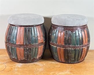 PAIR BOHEMIAN FOOT STOOLS | Fun! Barrel form footstools with colorful paint and ultra suede padded tops
Dimensions: h. 17 x dia. 14 in.