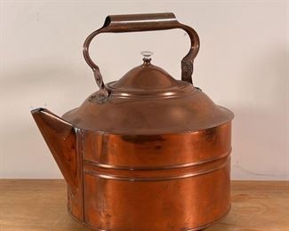 LARGE COPPER KETTLE | Antique kettle of large size, with a bail handle, porcelain finial, impressed "PAT'D APRIL 20th 75"
Dimensions: h. 13 in.