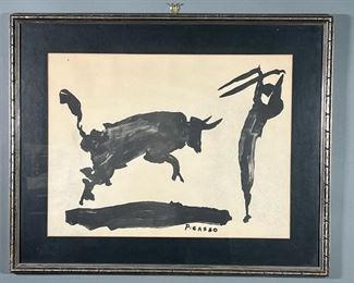 PICASSO BULL PRINT | Bullfighting print, signed in the plate "PICASSO", matted in a silvered frame; 21 x 18 in. (sight)
Dimensions: w. 34 x h. 24 in