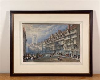 19TH CENTURY ENGLISH PAINTING | "Old houses of Staple Inn, Holborn" original painting on paper, attributed en verso to "William Richardson (1842-1877)"; other records show art originally done by English landscape painted Thomas Miles Richardson (1784-1848); framed behind glass
Dimensions: 20-1/2 x 25-1/2 in. (frame)