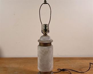 CHINESE ALABASTER TABLE LAMP | Alabaster or other stone, with engraved townscape scene and applied metal character decorations
Dimensions: h. 21-1/2 in. (over harp)