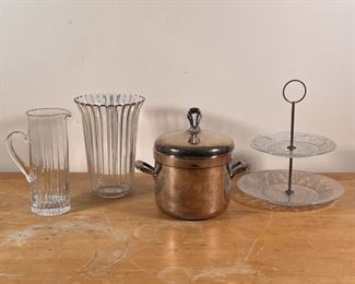 (4PC) GLASS & OTHER TABLE ITEMS | Including a silver plated ice bucket, a two tiered pressed glass dessert tray, a tall iced tea pitcher, and a flared ribbed vase (h. 9-1/2 in.)