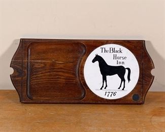 BLACK HORSE INN CUTTING BOARD | Wood cutting board or serving platter with a white inset plaque, "The Black Horse Inn 1776"
Dimensions: 15-1/2 x 7 in.